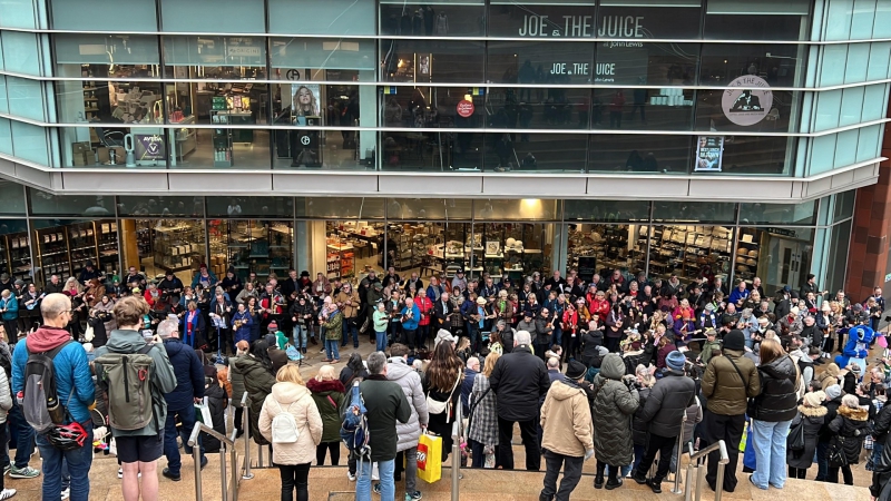 100 musicians stage ‘Mega Busk’ for World  Ukulele Day at Liverpool ONE