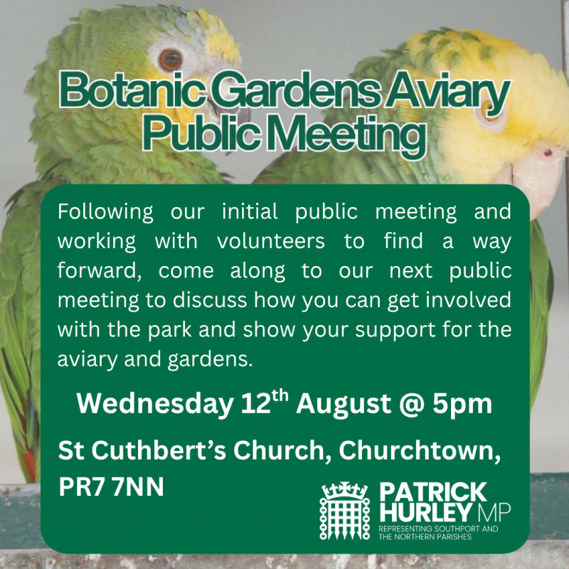 Patrick Hurley Announces Further Public Meeting to Discuss the Way Forward for Botanic Gardens Aviary
