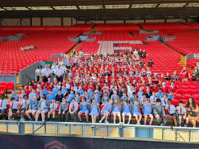 Merseyside schoolchildren celebrate becoming Fire Champions at home of newly crowned Premier League champions