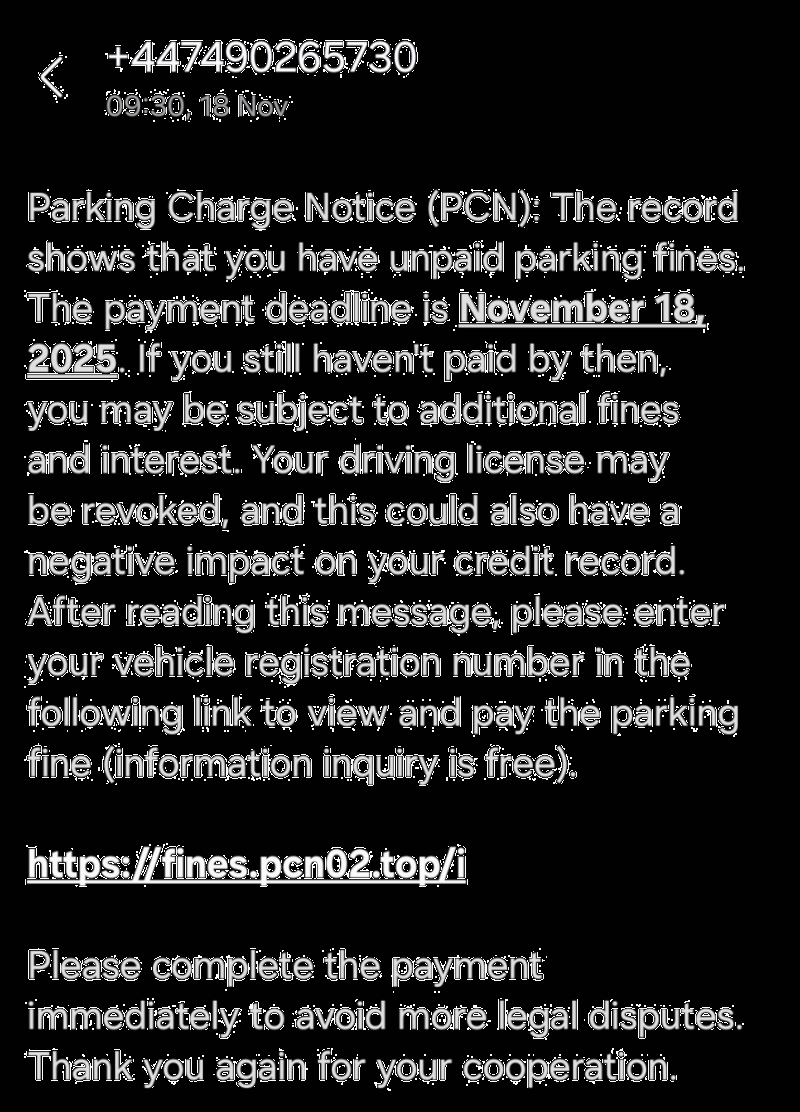 Warning about fake parking fine SMS Text Messages